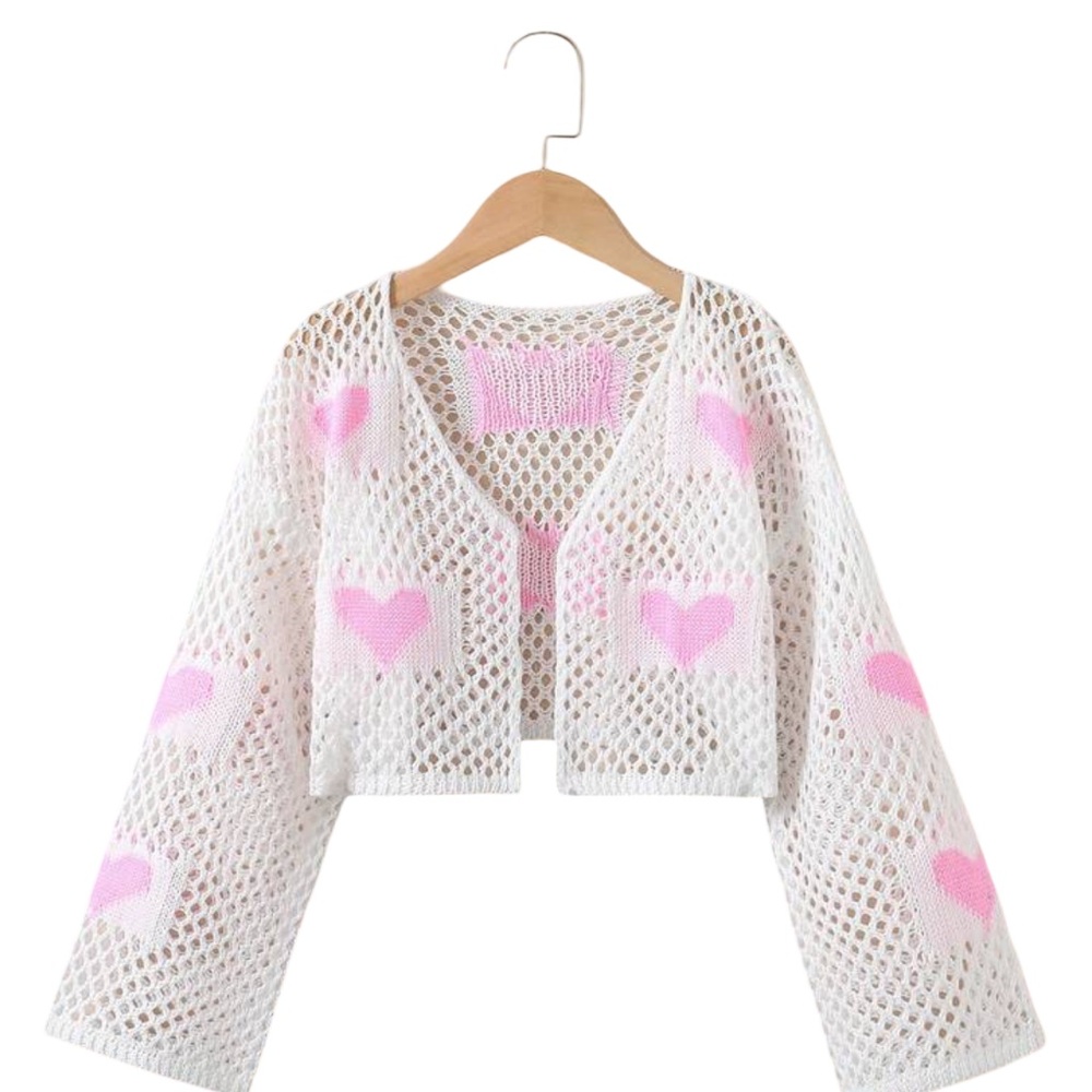 SHEIN White Knit Open Cardigan with Heart Design 11-12Y